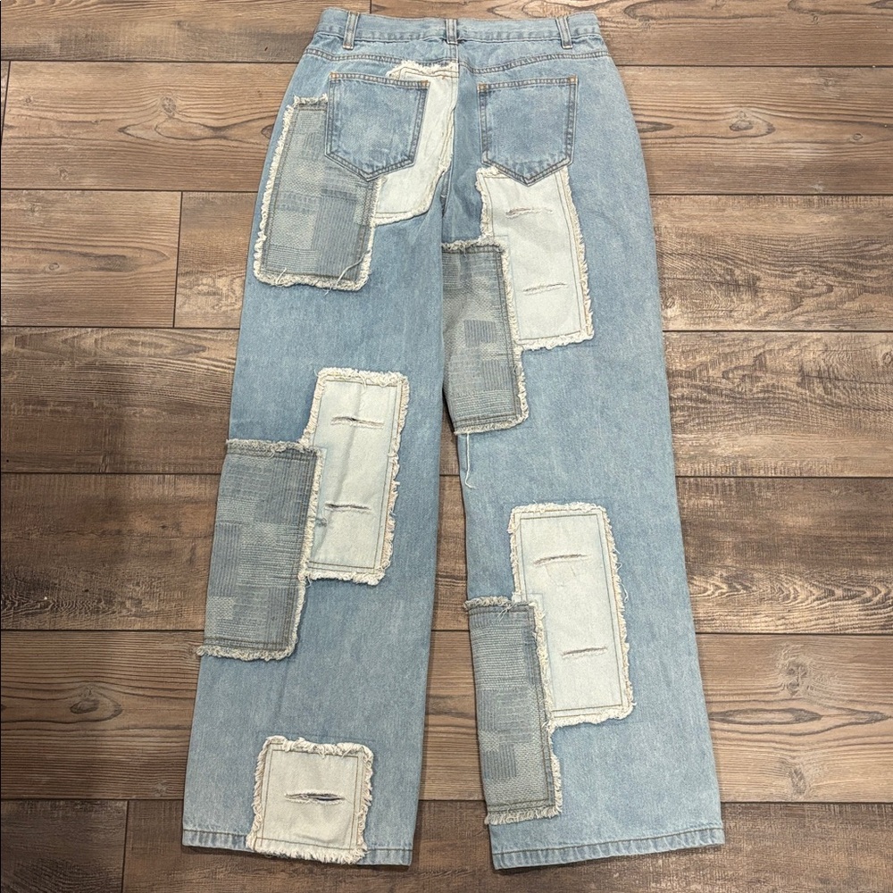 Pol Contrast Patchwork Raw Hem Straight Jeans Lig… - image 4